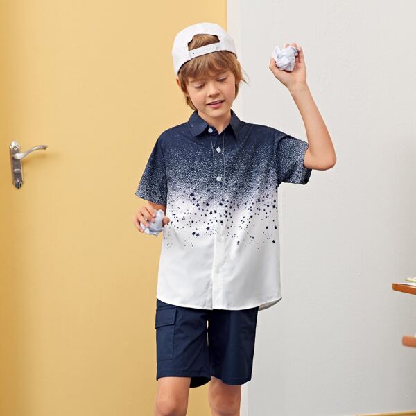 

Boys Star Print Ombre Shirt, Blue and white