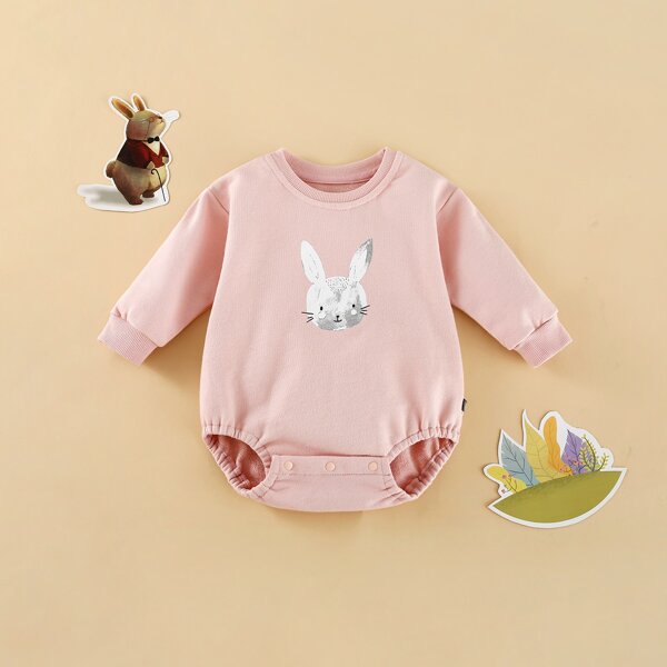 

Baby Boy Rabbit Print Sweatshirt Bodysuit, Baby pink pastel