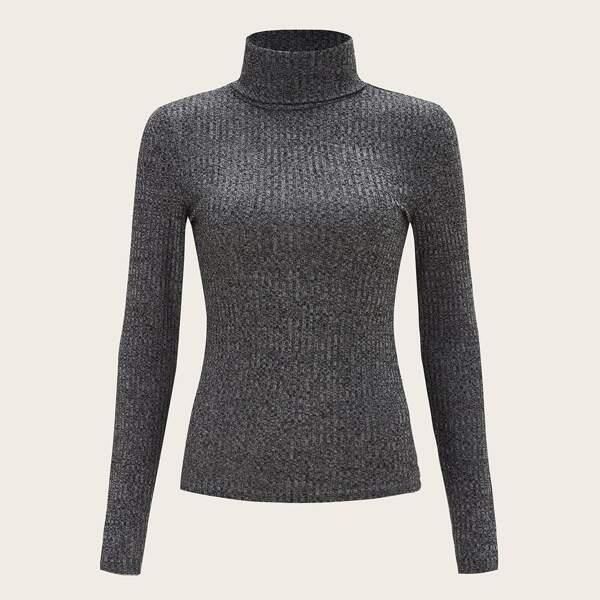 

Turtle Neck Rib-knit Top, Dark grey