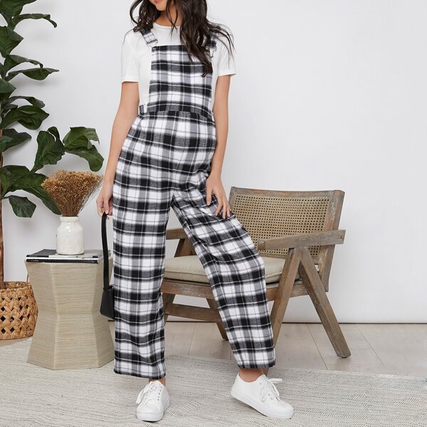 

Maternity Plaid Overall Jumpsuit, Black and white