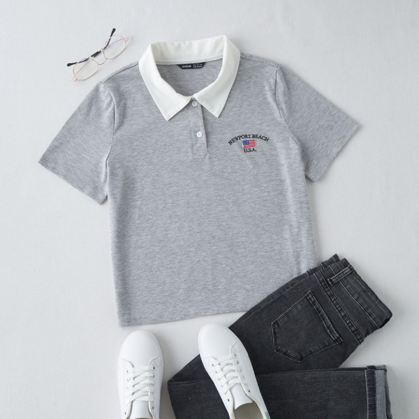 

Letter and American Flag Embroidered Polo Shirt, Light grey