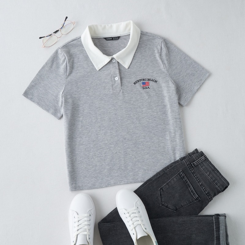 

Letter and American Flag Embroidered Polo Shirt, Light grey