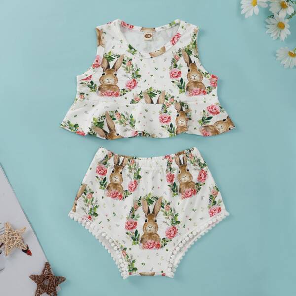 

Baby Girl Rabbit And Flower Print Tank Top & Shorts, Multicolor