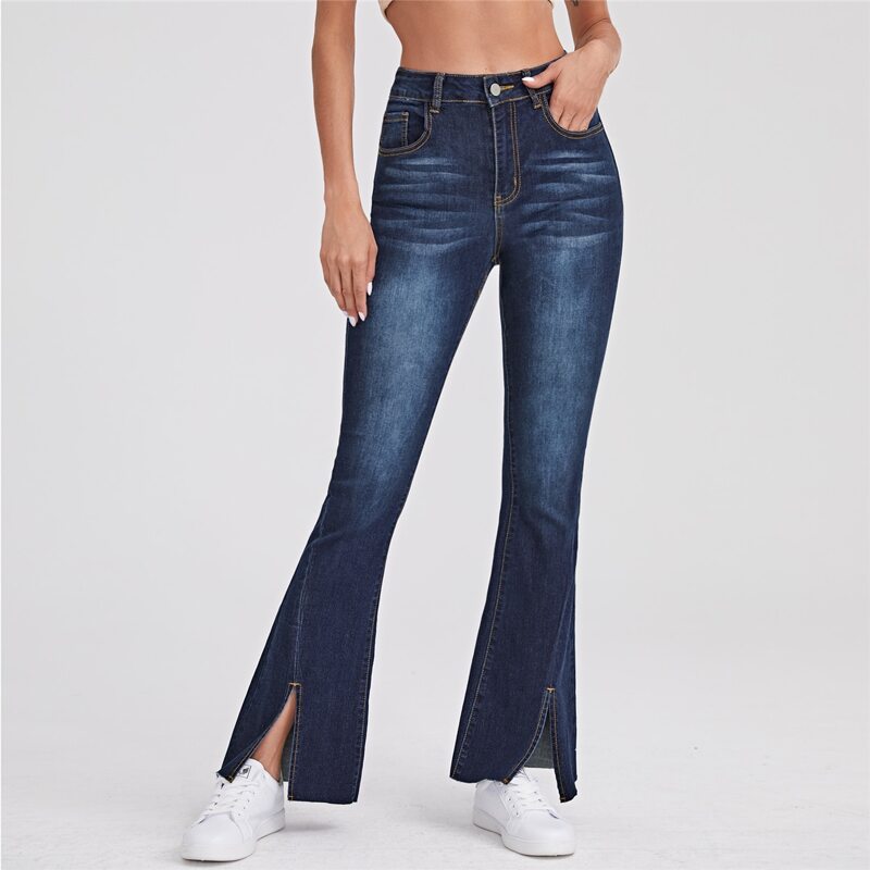 

High Waist Split Hem Flare Leg Jeans, Dark wash
