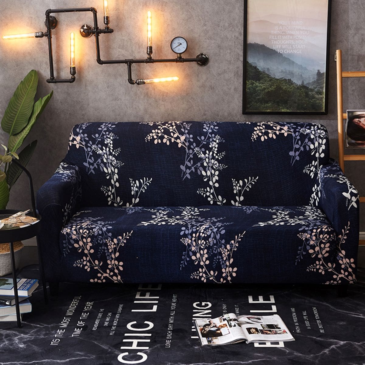

Plant Print Sofa Cover With 1pc Cushion Cover Without Filler, Navy blue