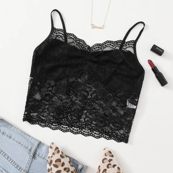 

Scallop Trim Crop Lace Cami Top, Black