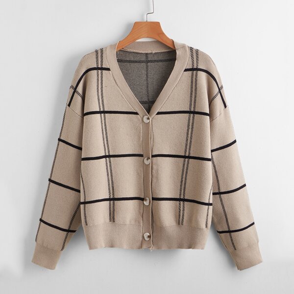 

Drop Shoulder Plaid Cardigan, Khaki