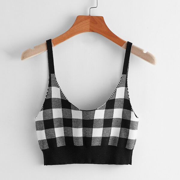 

Gingham Cami Knit Top, Black and white