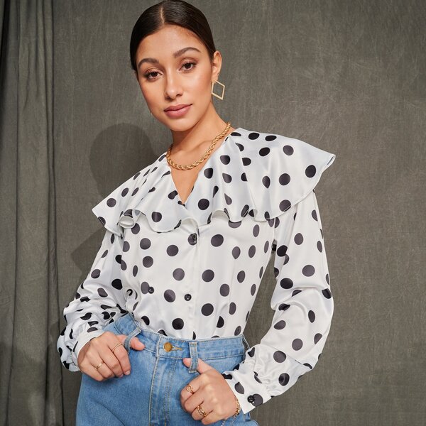

Sailor Collar Polka Dot Blouse, Black and white