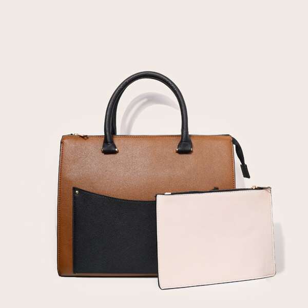 

Two Tone Tote Bag With Pouch, Multicolor