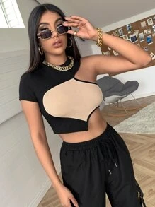 SHEIN Unity Áo thun Bất đối xứng Khối Màu Giải trí - Nhiều màu - Xem 4