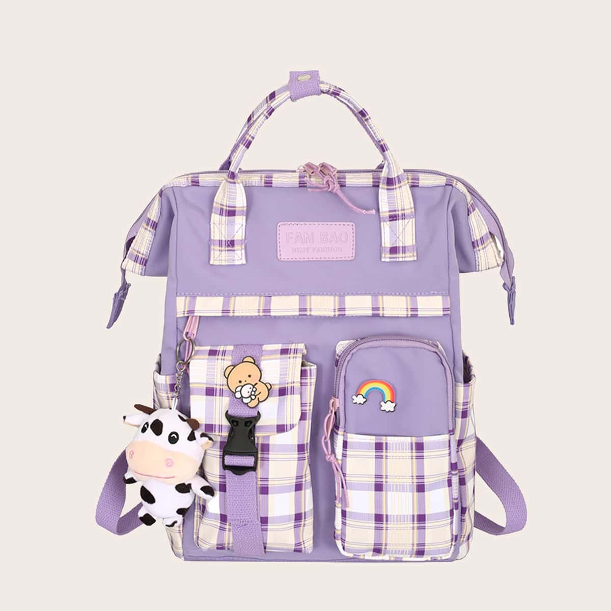 

Cartoon Charm Plaid Pattern School Bag, Purple