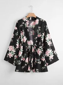 Kimono Plus Size Thắt lưng Hoa - màu đen - Xem 1