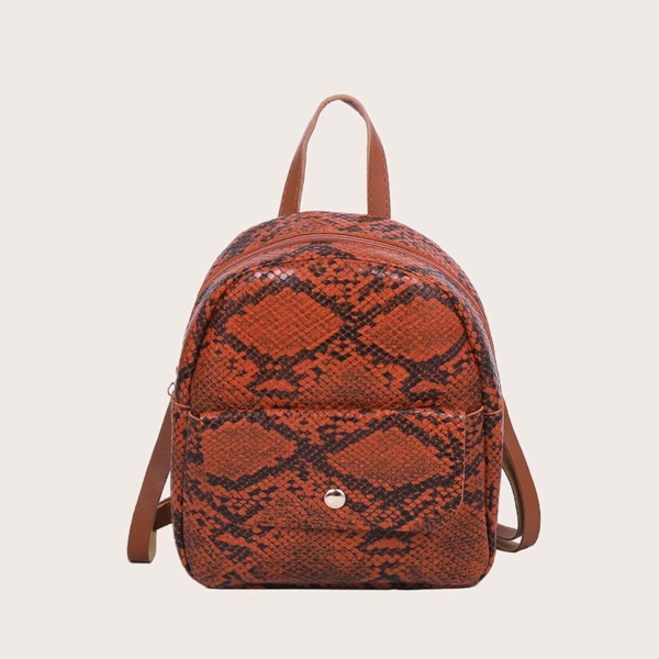 

Snakeskin Print Pocket Front Backpack, Brown