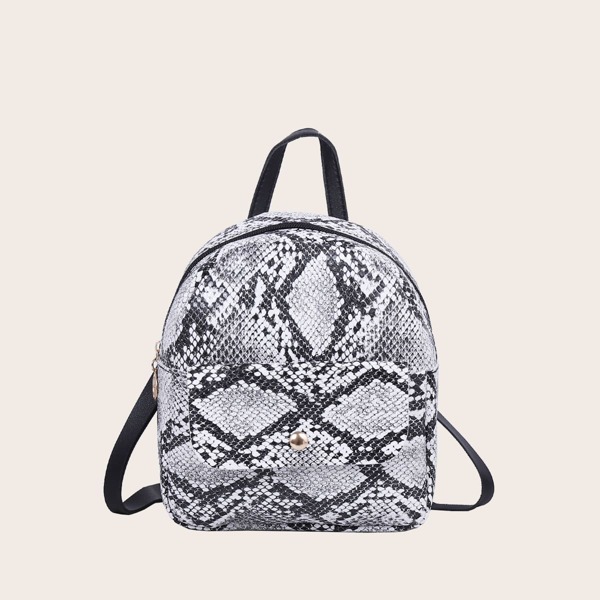 

Snakeskin Print Pocket Front Backpack, Grey
