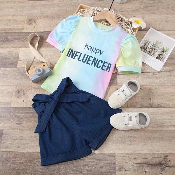 

Toddler Girls Puff Sleeve Letter Graphic Tee With Belted Shorts, Multicolor