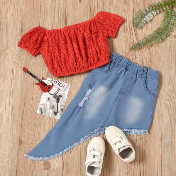 

Toddler Girls Lace Top With Raw Hem Asymmetrical Denim Skirt, Multicolor