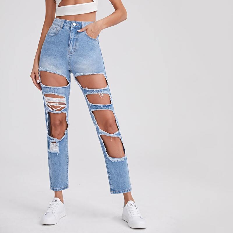 

Zipper Fly Ripped Detail Jeans, Lilac purple