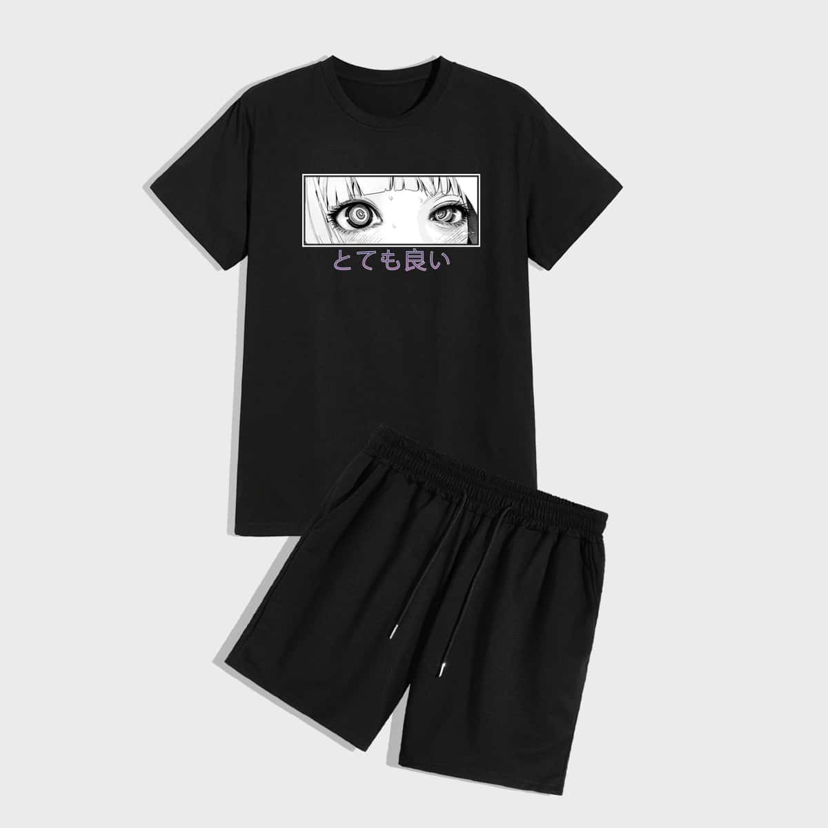 

Guys Japanese Letter And Figure Graphic Tee & Track Shorts, Black