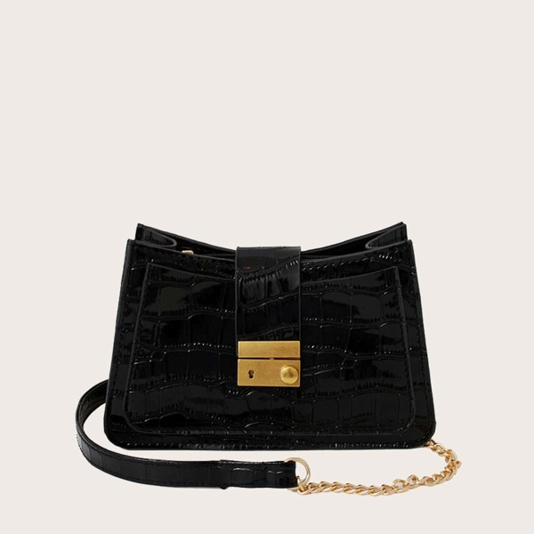 

Metal Lock Croc Embossed Crossbody Bag, Black