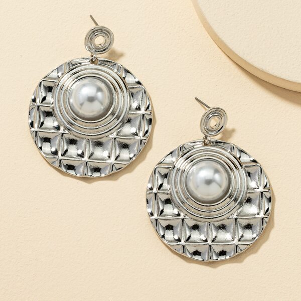 

Faux Pearl & Round Design Drop Earrings, Silver