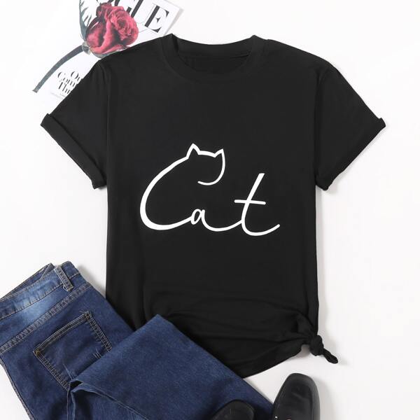 

Plus Abstract Cat & Letter Graphic Tee, Black