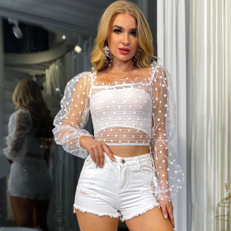 

Lantern Sleeve Dobby Mesh Top, White
