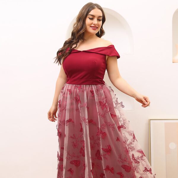 

Plus Floral Embroidery Mesh Panel Bardot Dress, Burgundy