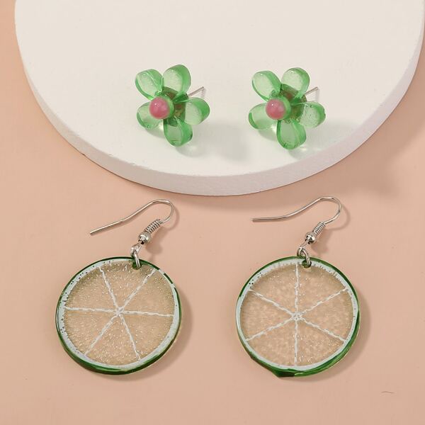 

2pairs Flower Decor Earrings, Green