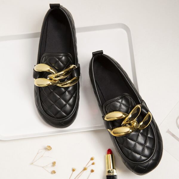 

Chain Decor Quilted Loafers, Black