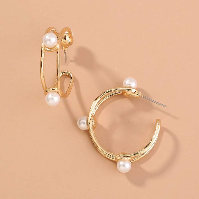

Faux Pearl Hoop Earrings, Gold