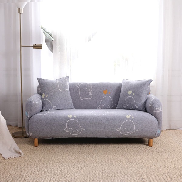 

Cartoon Graphic Sofa Cover With 1pc Cushion Cover Without Filler, Light grey