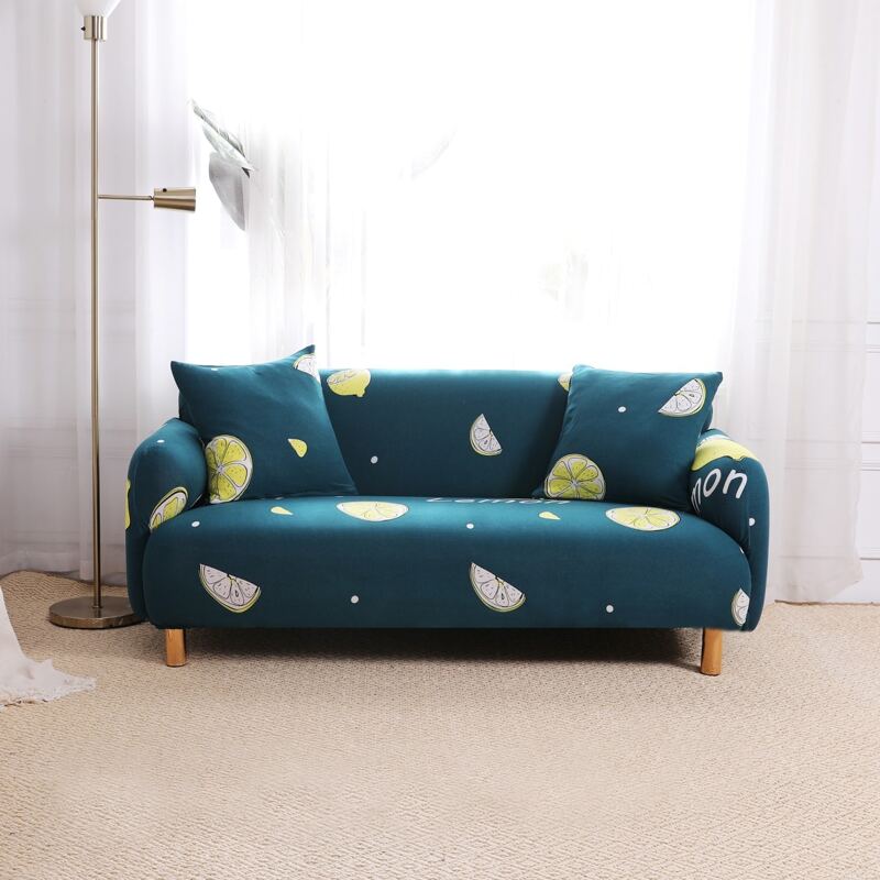 

Lemon Print Sofa Cover With 1pc Cushion Cover Without Filler, Teal blue