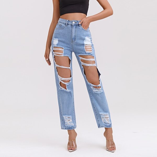 

Zipper Fly Ripped Detail Jeans, Light wash