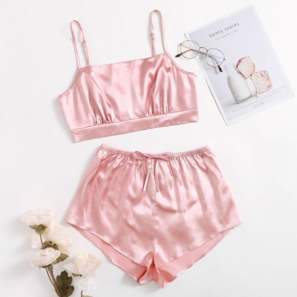 

Satin Tie Front Cami Night Set, Baby pink