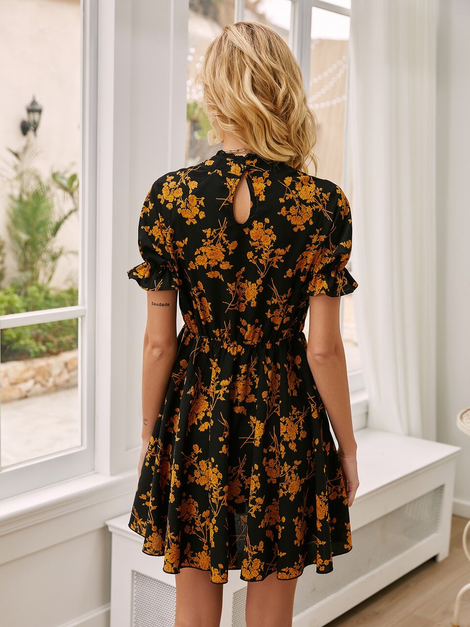Floral Print Flounce Sleeve Chiffon Dress