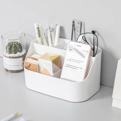 1pc Multifunction Plastic Desktop Storage Box, Solid Table Organizer For School Stationery, Office Supplies, Skincare Tools