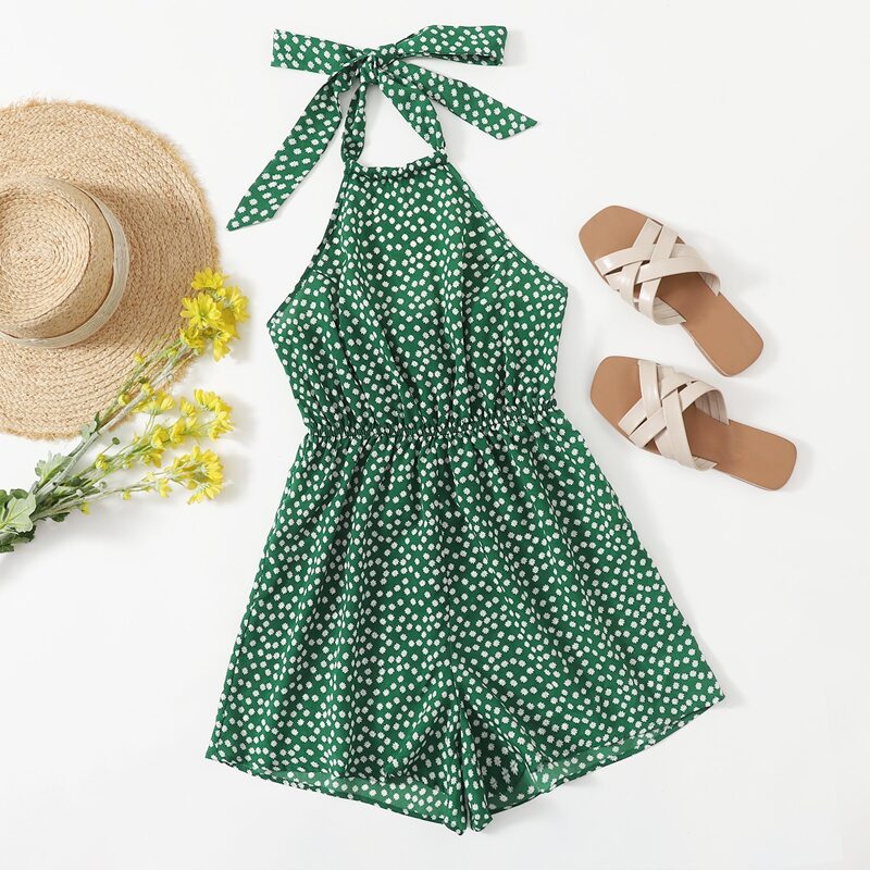 

Ditsy Floral Tie Back Halter Romper, Green