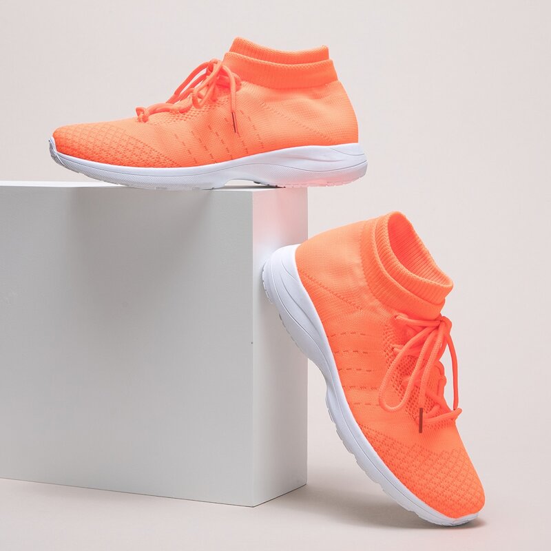 

Neon Orange Lace Up Decor Knit Sneakers, Orange neon