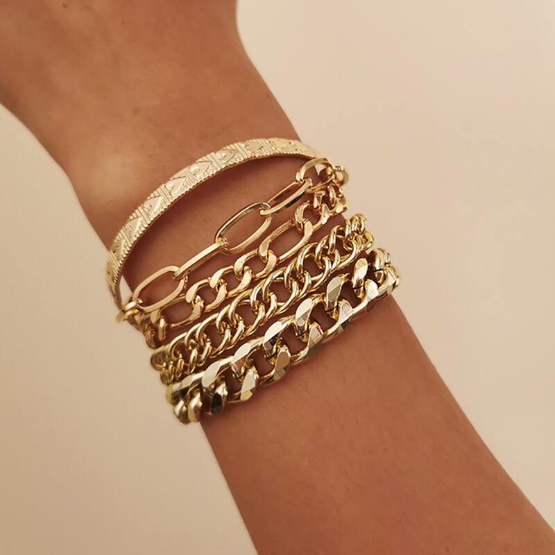 

4pcs Chain Bracelet & 1pc Bangle, Gold