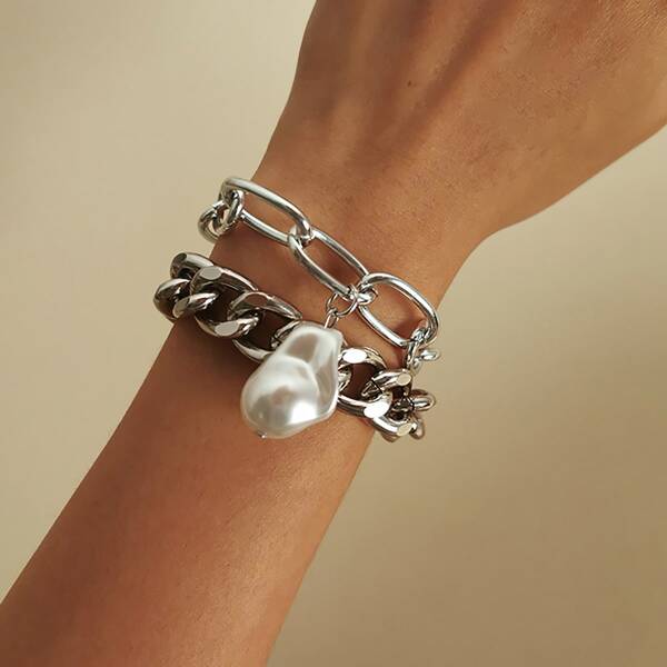 

2pcs Faux Pearl Decor Chain Bracelet, Silver
