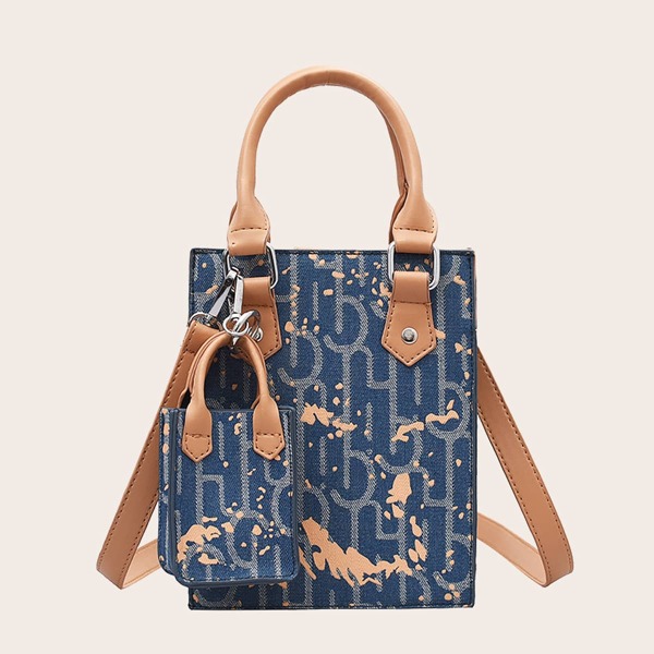 

Allover Graphic Satchel Bag With Coin Case, Blue