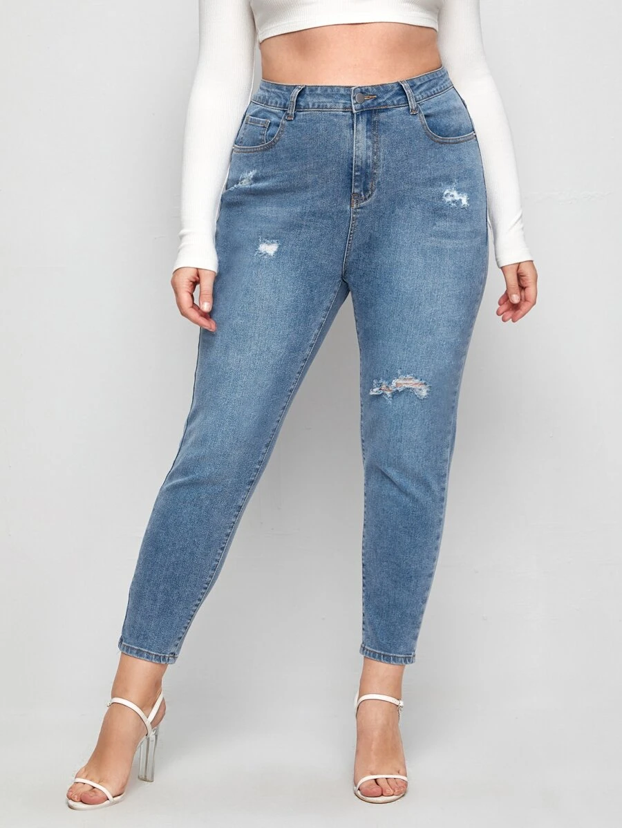 Jeans ajustados rotos de cintura alta - Lavado ligero - Ver 1