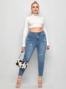 Jeans ajustados rotos de cintura alta - Lavado ligero - Ver 3