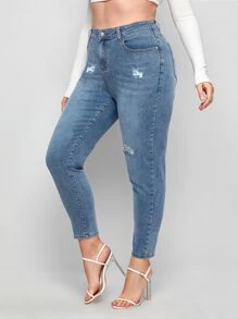 Jeans ajustados rotos de cintura alta - Lavado ligero - Ver 4