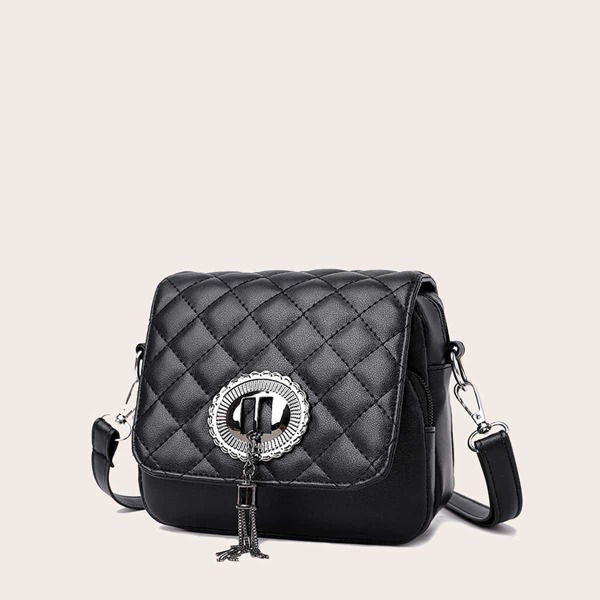 

Tassel Decor Quilted Crossbody Bag, Black
