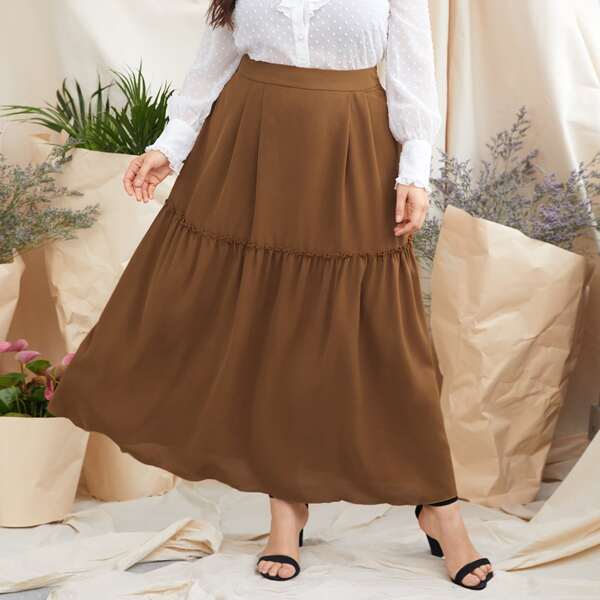 

Plus Solid Frill Ruffle Hem Skirt, Brown