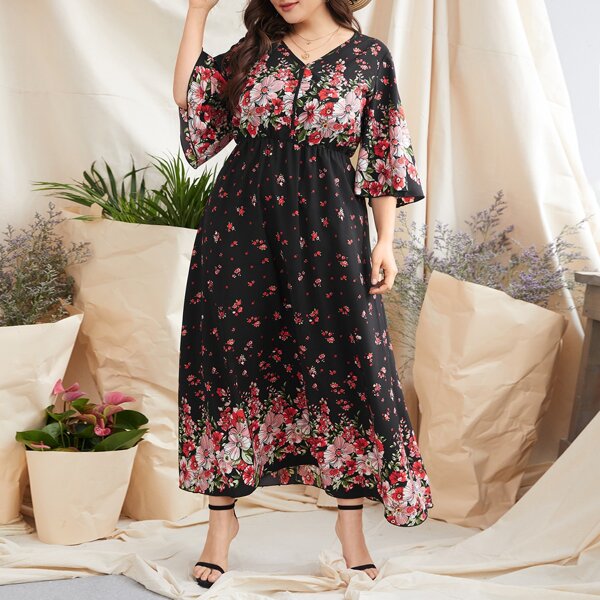 

Plus Floral Print A-line Dress, Multicolor