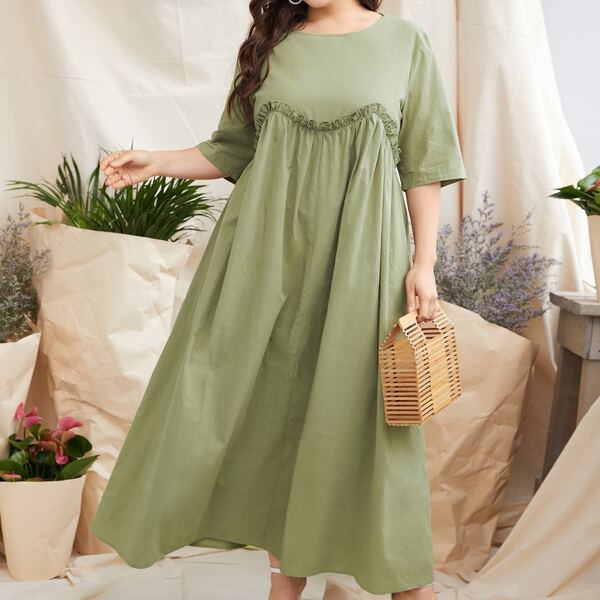 

Plus Solid Frill Trimed Smock Dress, Lime green