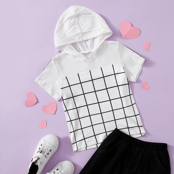 

Toddler Girls Letter Tape Side Plaid Hooded Tee, Black and white